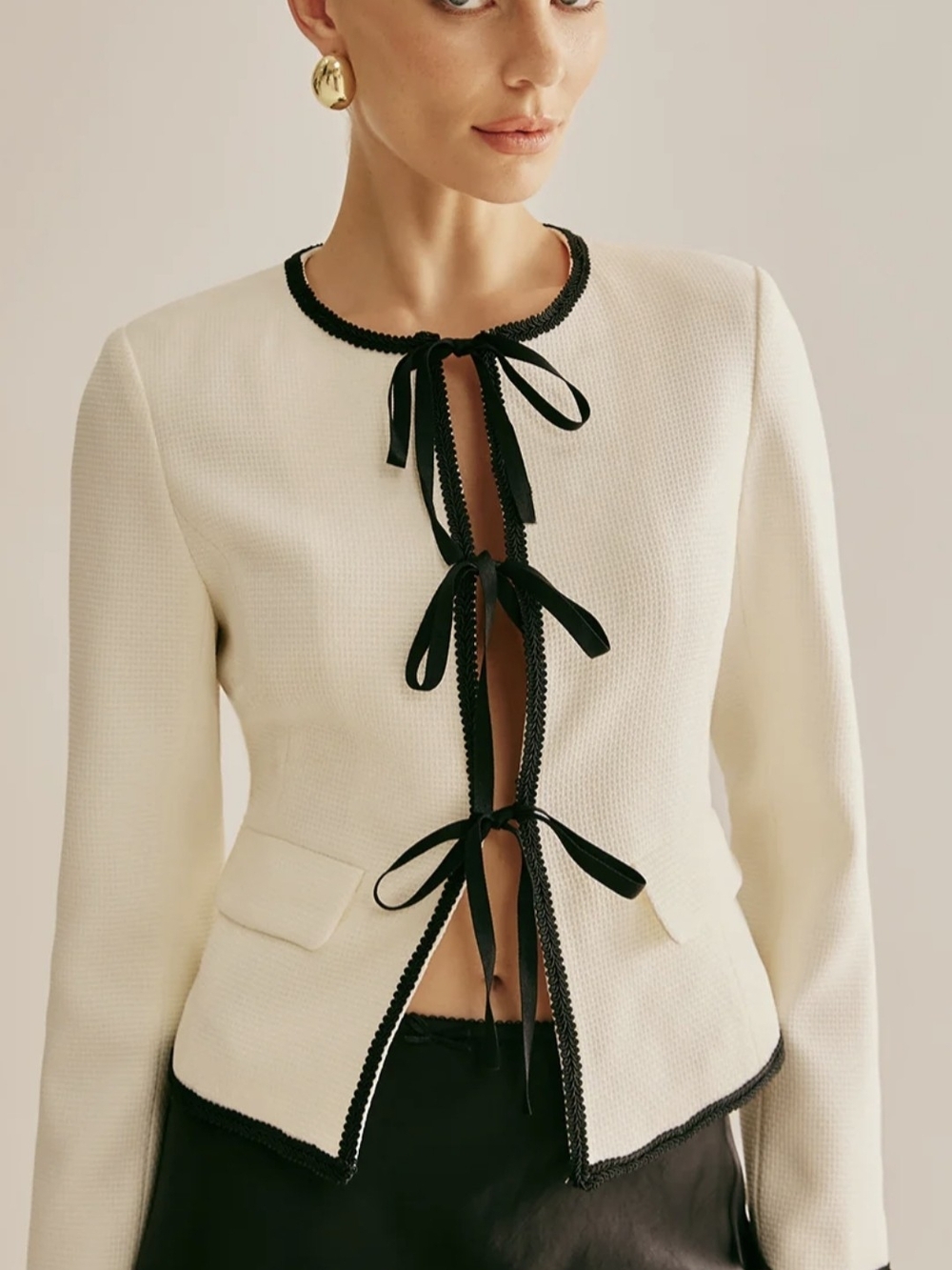Commense Cream Jacket with Black Trim and Ribbon Ties
